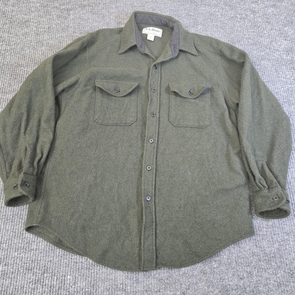 L.L.Bean Chamois Cloth Shirt Mens L Green Button Front Heavy Cotton